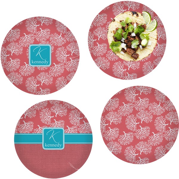 Custom Coral & Teal Set of 4 Glass Lunch / Dinner Plate 10" (Personalized)