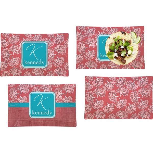 Custom Coral & Teal Set of 4 Glass Rectangular Lunch / Dinner Plate (Personalized)