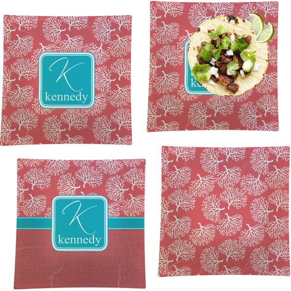 Custom Coral & Teal Set of 4 Glass Square Lunch / Dinner Plate 9.5" (Personalized)