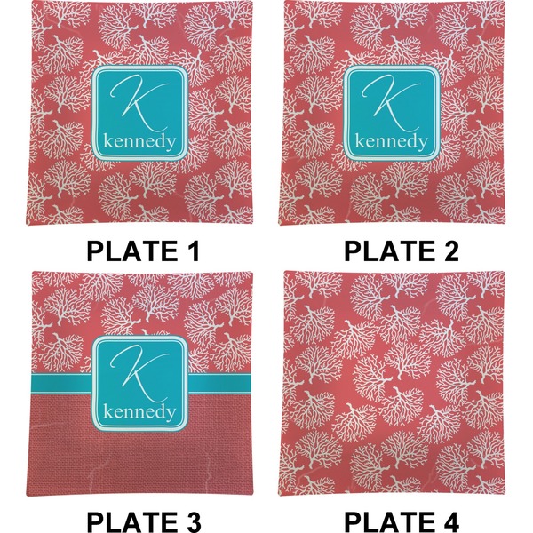 Coral & Teal Set of Square Dinner Plates (Approval)