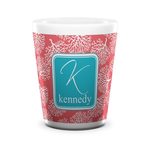 Custom Coral & Teal Ceramic Shot Glass - 1.5 oz - White - Set of 4 (Personalized)