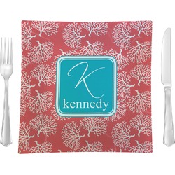 Coral & Teal 9.5" Glass Square Lunch / Dinner Plate- Single or Set of 4 (Personalized)