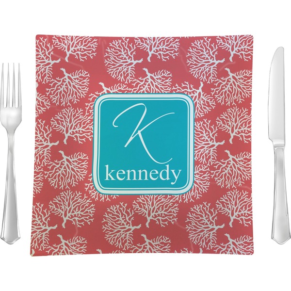 Custom Coral & Teal 9.5" Glass Square Lunch / Dinner Plate- Single or Set of 4 (Personalized)