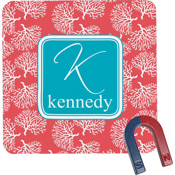 Custom Coral & Teal Square Fridge Magnet (Personalized)