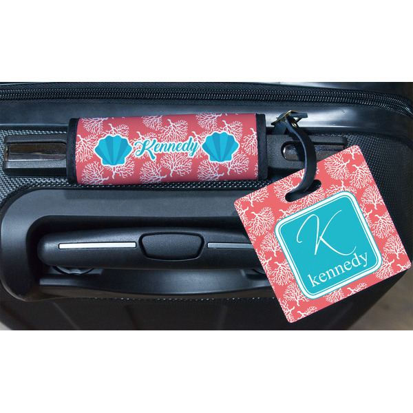Coral & Teal Square Luggage Tag & Handle Wrap - In Context