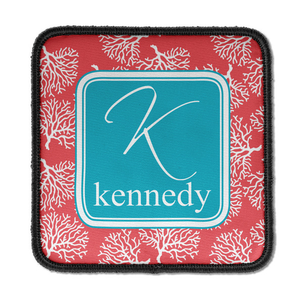 Custom Coral & Teal Iron On Square Patch w/ Name and Initial