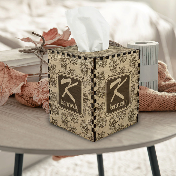 Coral & Teal Square Tissue Box Covers - Wood - In Context