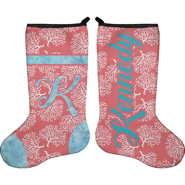 Custom Coral & Teal Holiday Stocking - Double-Sided - Neoprene (Personalized)