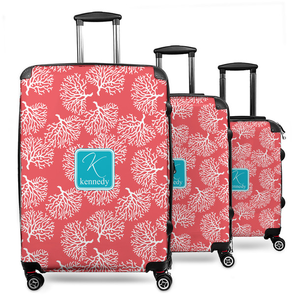 Custom Coral & Teal 3 Piece Luggage Set - 20" Carry On, 24" Medium Checked, 28" Large Checked (Personalized)