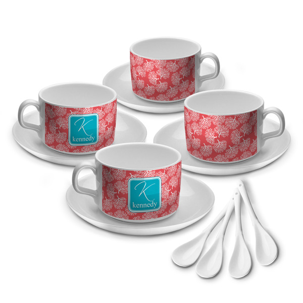 Custom Coral & Teal Tea Cup - Set of 4 (Personalized)