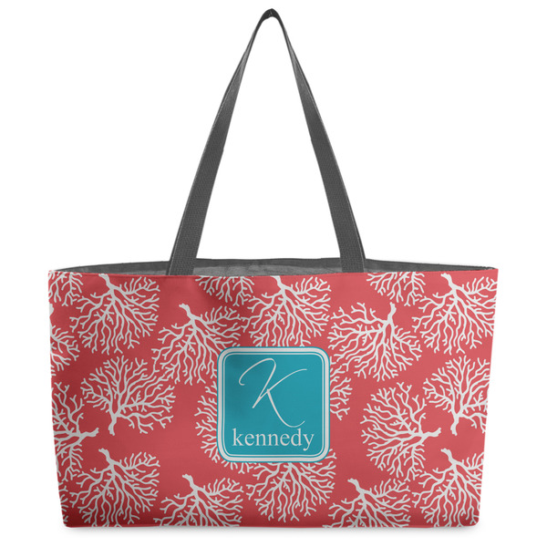Custom Coral & Teal Beach Totes Bag - w/ Black Handles (Personalized)