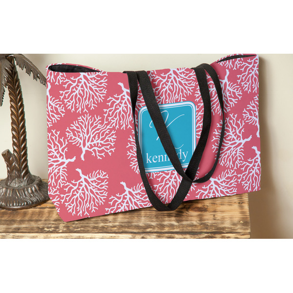 Coral & Teal Tote w/Black Handles - Lifestyle View