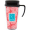 Coral & Teal Travel Mug with Black Handle - Front
