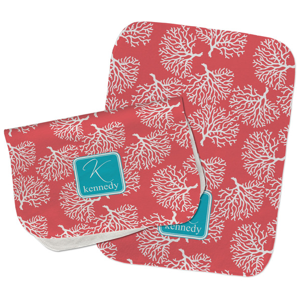 Custom Coral & Teal Burp Cloths - Fleece - Set of 2 w/ Name and Initial