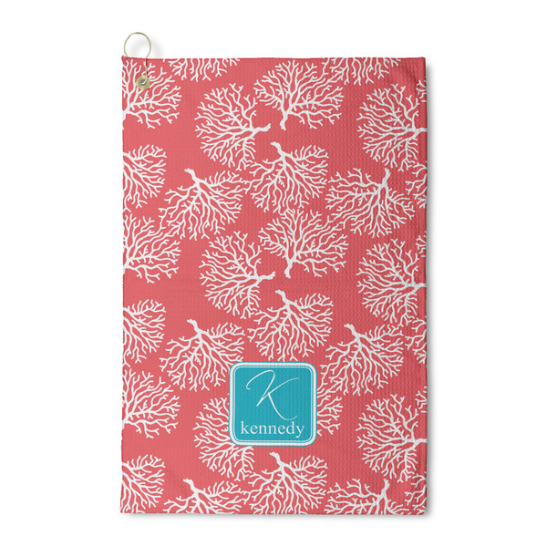 Custom Coral & Teal Waffle Weave Golf Towel (Personalized)