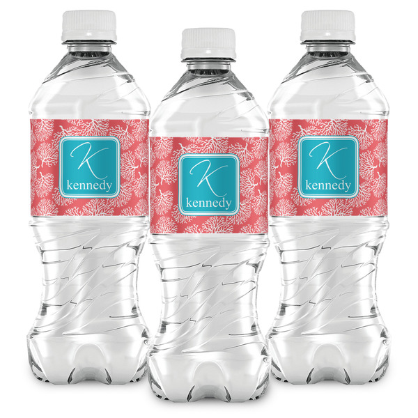 Coral & Teal Water Bottle Labels - Front View