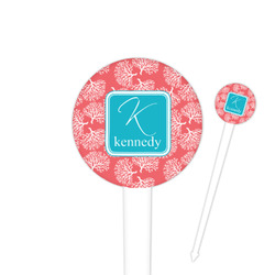 Coral & Teal 4" Round Plastic Food Picks - White - Double Sided (Personalized)