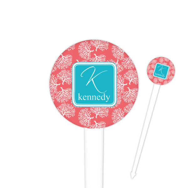 Custom Coral & Teal 4" Round Plastic Food Picks - White - Single Sided (Personalized)