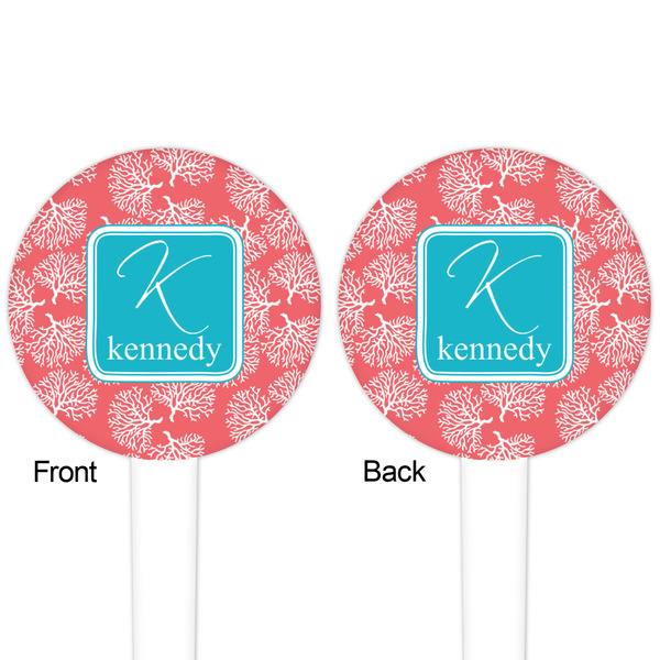 Coral & Teal White Plastic 4" Food Pick - Round - Double Sided - Front & Back
