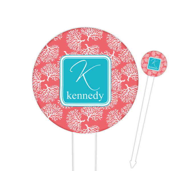 Custom Coral & Teal 6" Round Plastic Food Picks - White - Single Sided (Personalized)