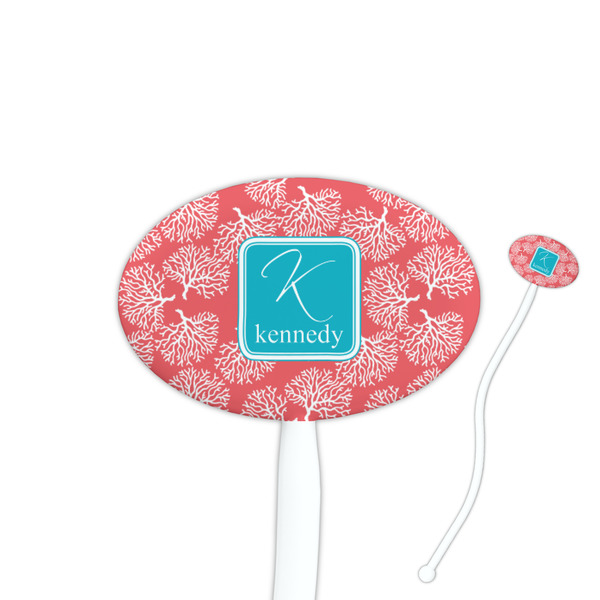 Custom Coral & Teal 7" Oval Plastic Stir Sticks - White - Double Sided (Personalized)