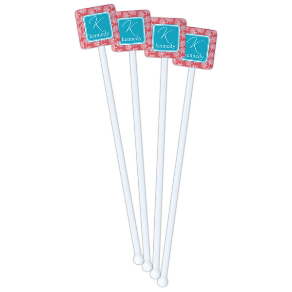 Coral & Teal White Plastic Stir Stick - Single Sided - Square - Front