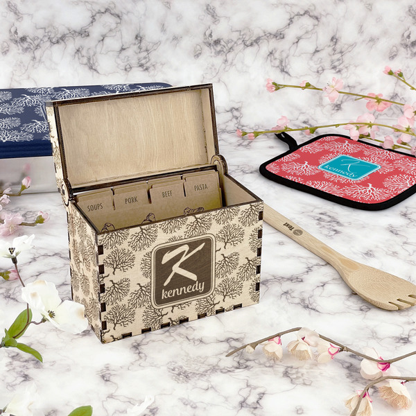 Coral & Teal Wood Recipe Boxes - Lifestyle