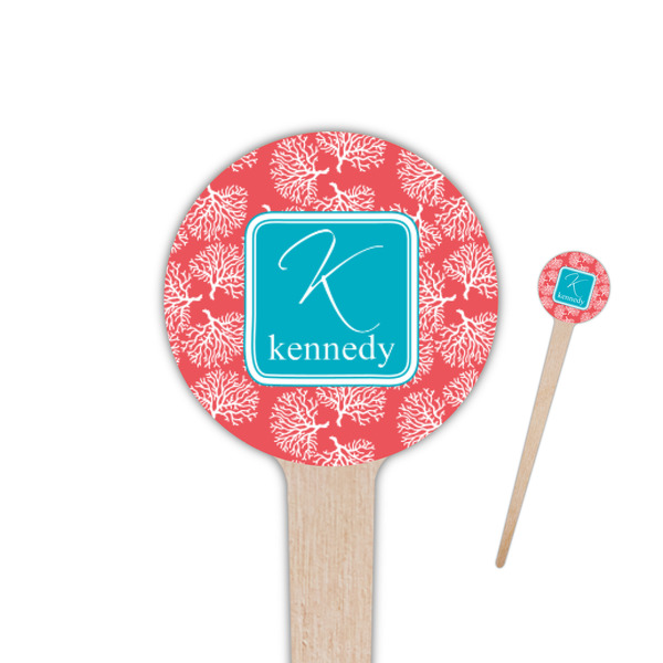 Custom Coral & Teal 4" Round Wooden Food Picks - Double Sided (Personalized)