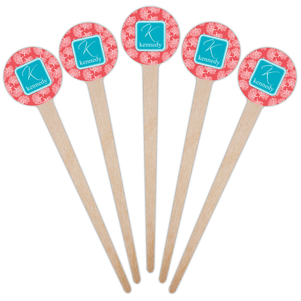 Coral & Teal Wooden 4" Food Pick - Round - Fan View