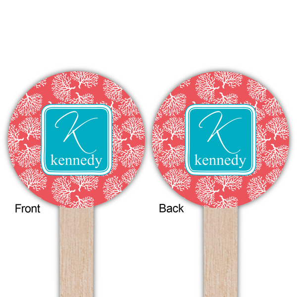 Coral & Teal Wooden 6" Food Pick - Round - Double Sided - Front & Back