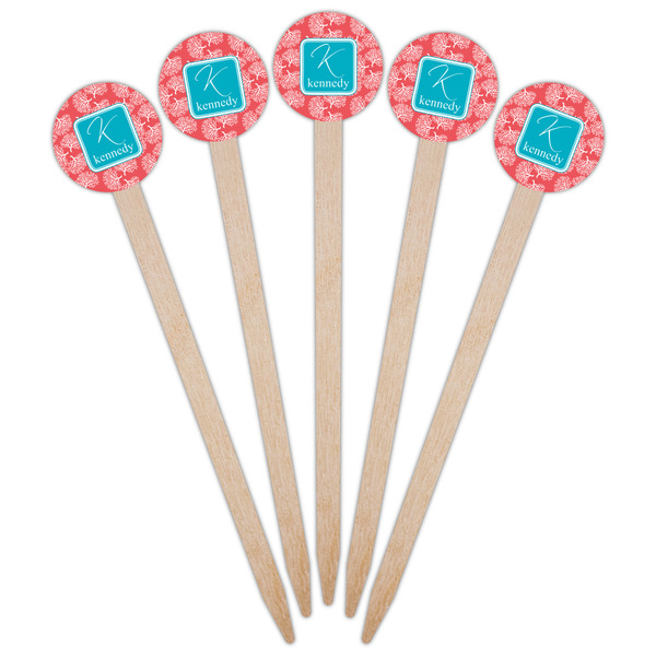 Coral & Teal Wooden 6" Food Pick - Round - Fan View