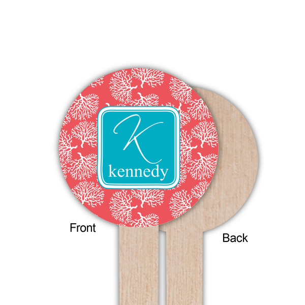 Coral & Teal Wooden 6" Food Pick - Round - Single Sided - Front & Back