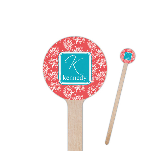 Custom Coral & Teal 6" Round Wooden Stir Sticks - Single Sided (Personalized)