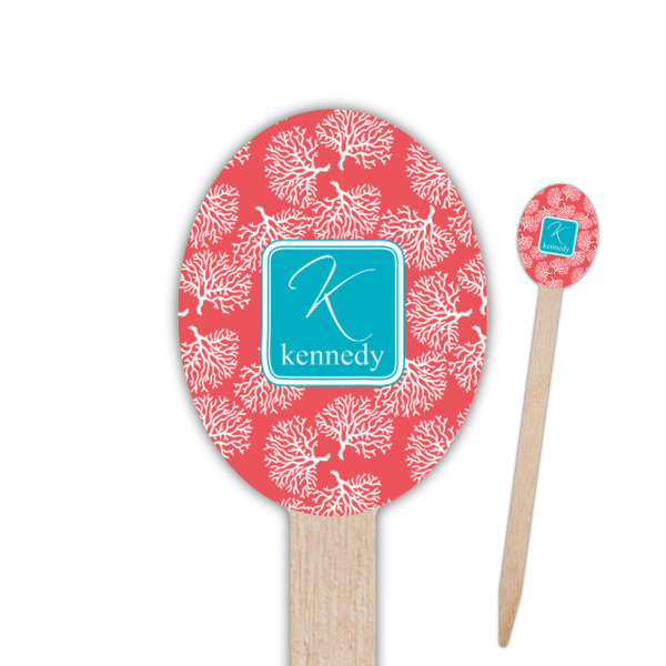 Custom Coral & Teal Oval Wooden Food Picks - Single Sided (Personalized)