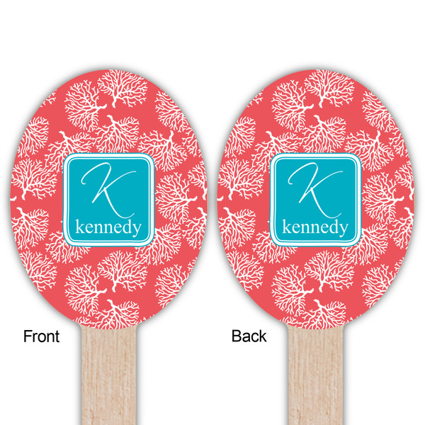 Coral & Teal Wooden Food Pick - Oval - Double Sided - Front & Back