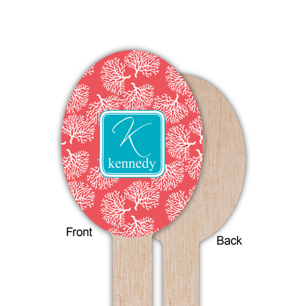 Coral & Teal Wooden Food Pick - Oval - Single Sided - Front & Back