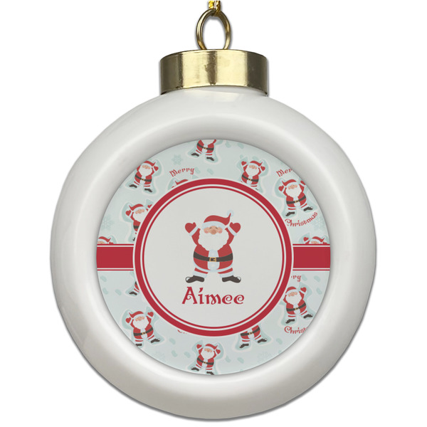 Custom Santa Clause Making Snow Angels Ceramic Ball Ornament (Personalized)