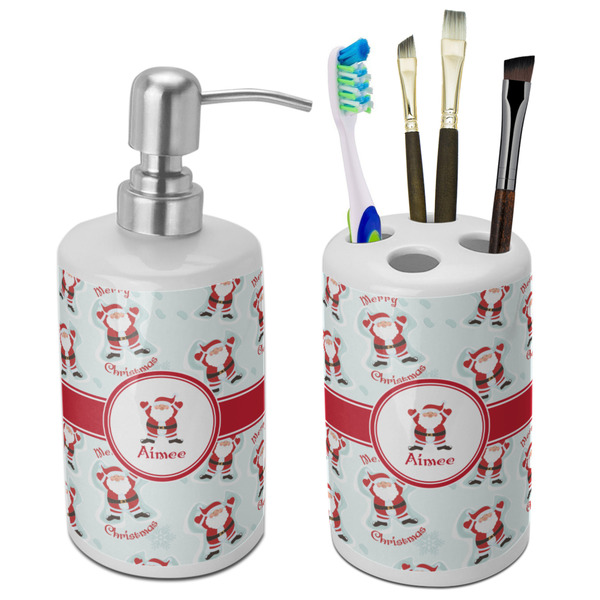 Custom Santa Clause Making Snow Angels Ceramic Bathroom Accessories Set (Personalized)