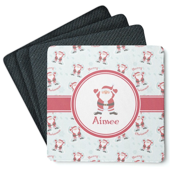 Custom Santa Clause Making Snow Angels Square Rubber Backed Coasters - Set of 4 w/ Name or Text
