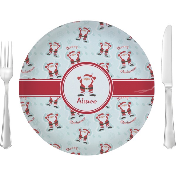 Custom Santa Clause Making Snow Angels Glass Lunch / Dinner Plate 10" (Personalized)