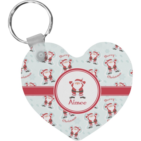 Custom Santa Clause Making Snow Angels Heart Plastic Keychain w/ Name or Text
