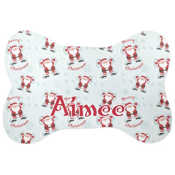 Custom Santa Clause Making Snow Angels Bone Shaped Dog Food Mat (Personalized)