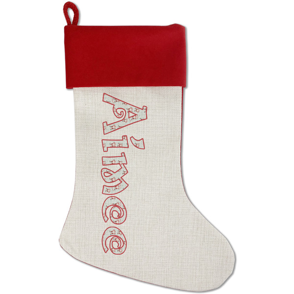 Custom Santa Clause Making Snow Angels Red Linen Stocking (Personalized)