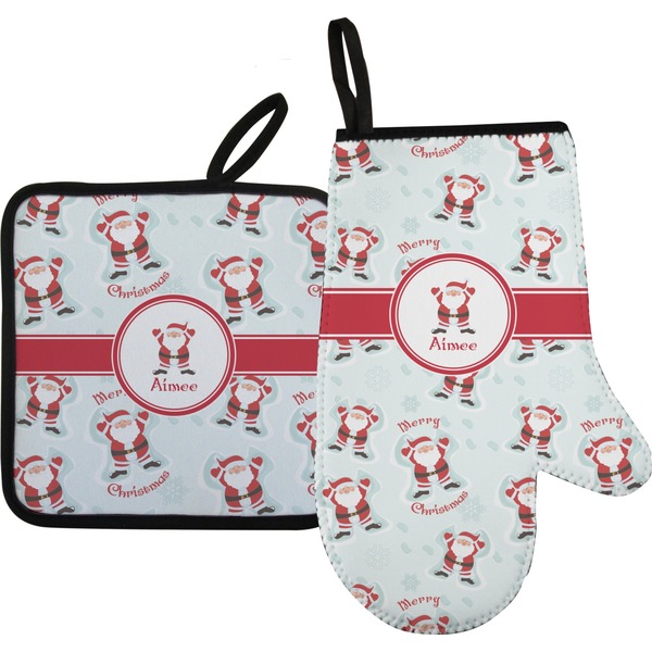 Custom Santa Clause Making Snow Angels Right Oven Mitt & Pot Holder Set w/ Name or Text