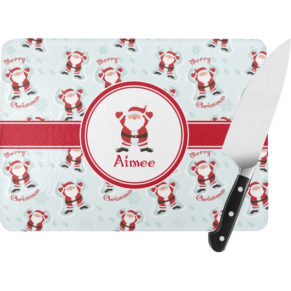 Custom Santa Clause Making Snow Angels Rectangular Glass Cutting Board - Large - 15.25"x11.25" w/ Name or Text