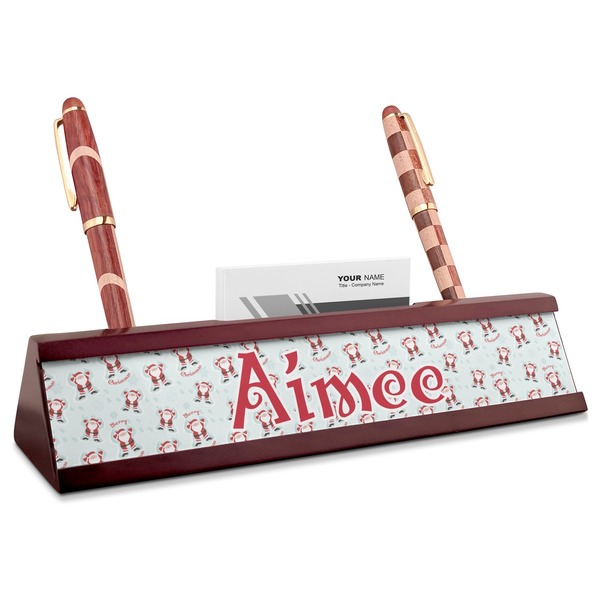 Custom Santa Clause Making Snow Angels Red Mahogany Nameplate with Business Card Holder (Personalized)
