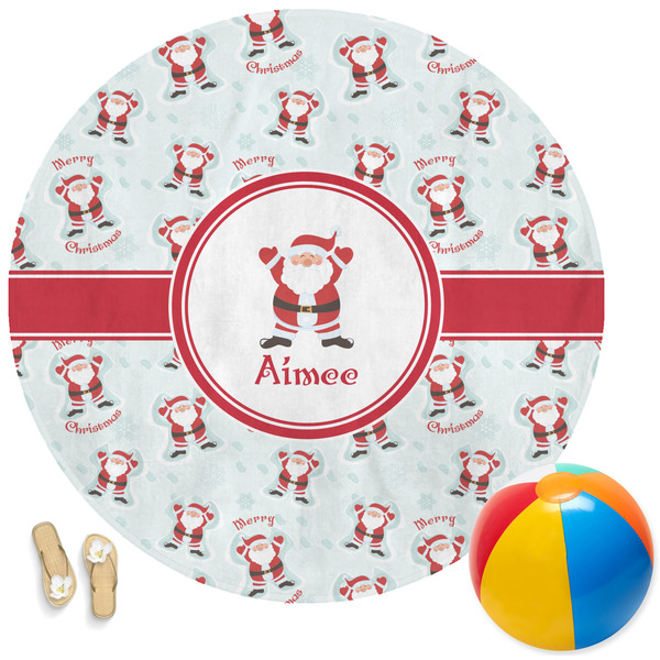 Custom Santa Clause Making Snow Angels Round Beach Towel (Personalized)