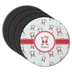 Santa Clause Making Snow Angels Round Rubber Backed Coasters - Set of 4 w/ Name or Text