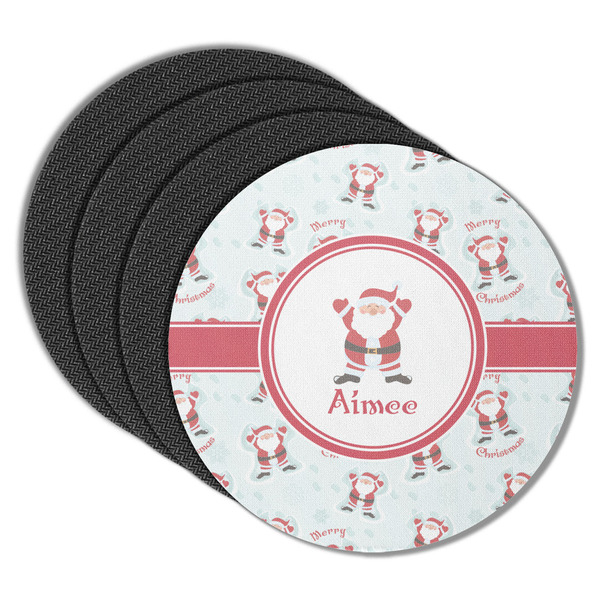 Custom Santa Clause Making Snow Angels Round Rubber Backed Coasters - Set of 4 w/ Name or Text