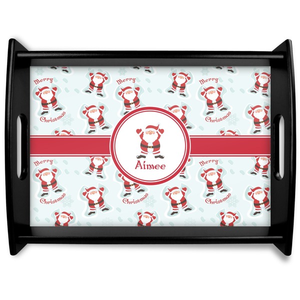 Custom Santa Clause Making Snow Angels Black Wooden Tray - Large w/ Name or Text